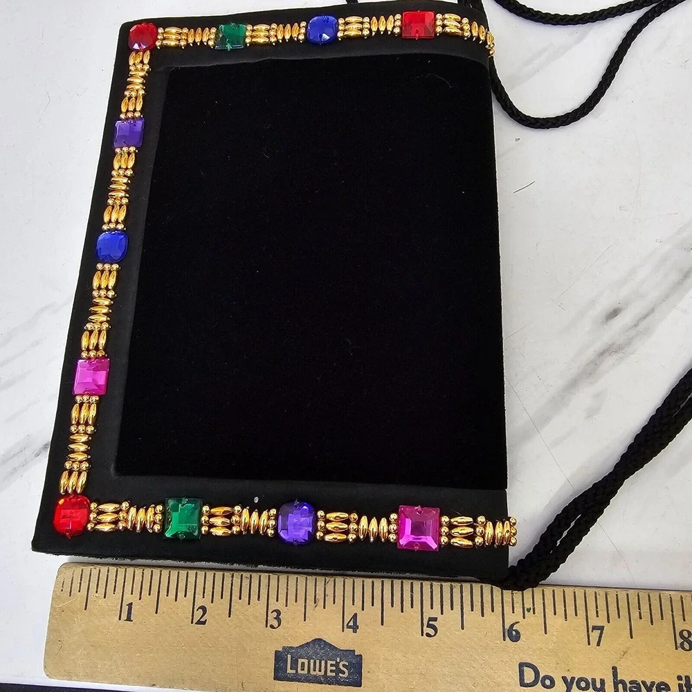 Vintage 90s Carolyne Barton Black Velvet Evening Bag Colorful Beaded Trim‎ Rope
